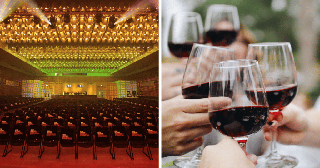 new-century-hall-with-rows-of-chairs-and-disco-ceiling-will-host-manchester-wine-festival-glasses-of-red-wine-clinking