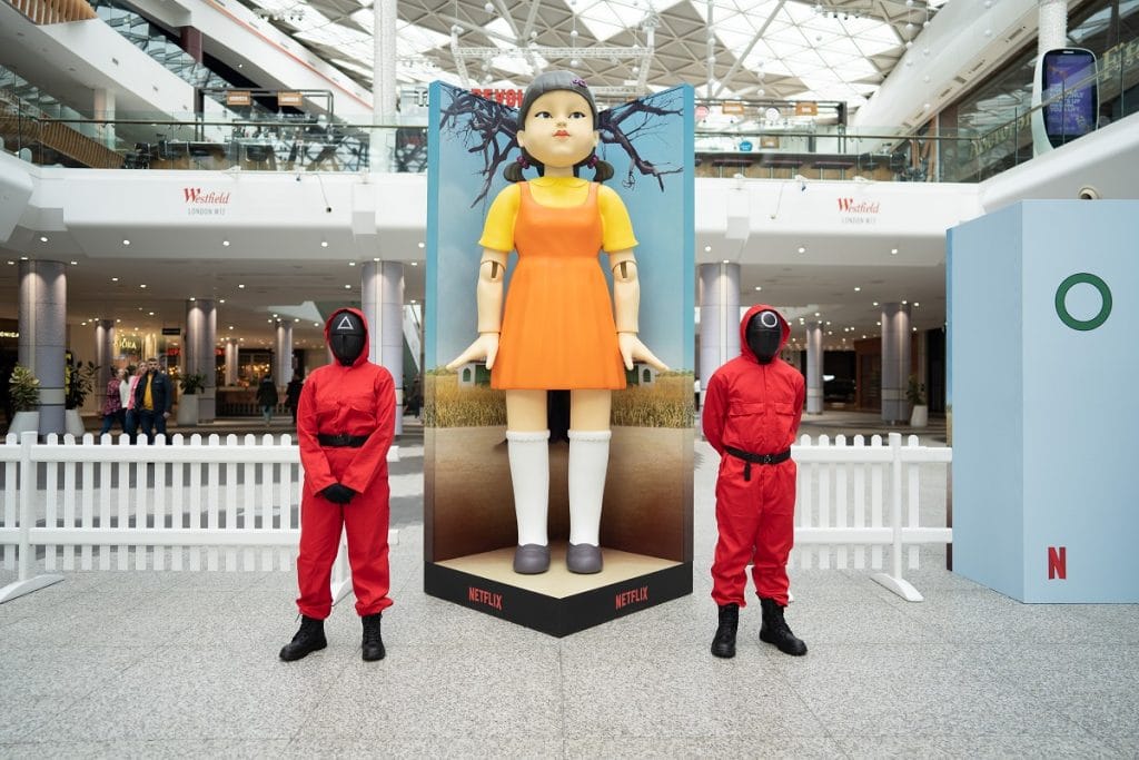 A picture of the Squid Game doll at Westfield in London - it will be visiting Manchester on November 6th.