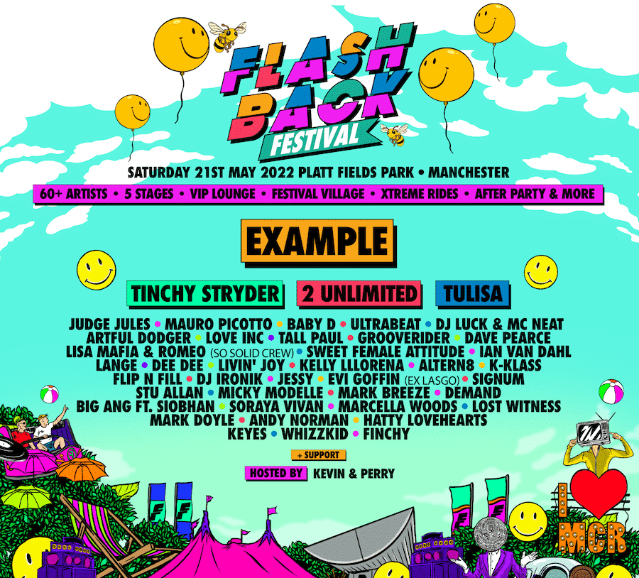 the lineup of Flashback festival with smiley-faced balloons and colourful graphics