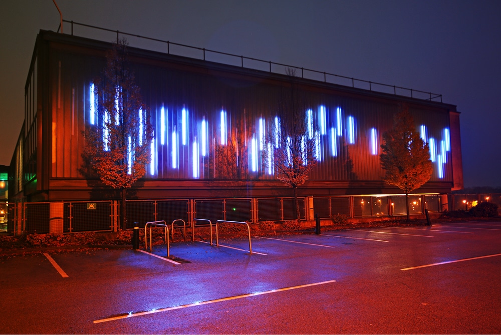 The neon lighting and futuristic exterior of the Gallery Oldham in the North West of England 