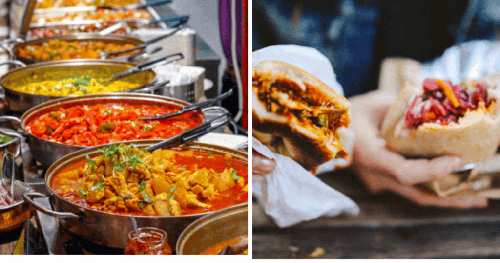 food-at-the-halal-food-festival-rows-of-curries-wraps