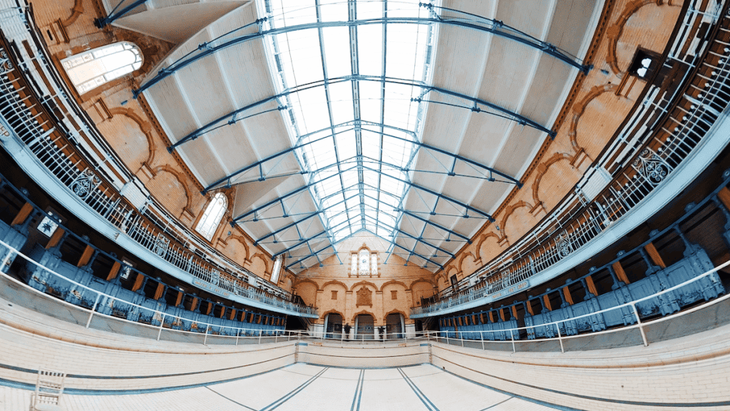 a warped image of the interior of Victoria baths