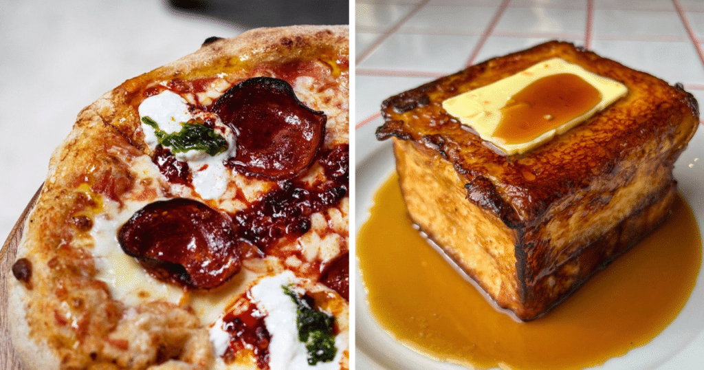 best-new-restaurants-bars-in-manchester-2022-pizza-at-dokes-pizzeria-french-toast-filled-with-dulce-de-leche-at-gooey