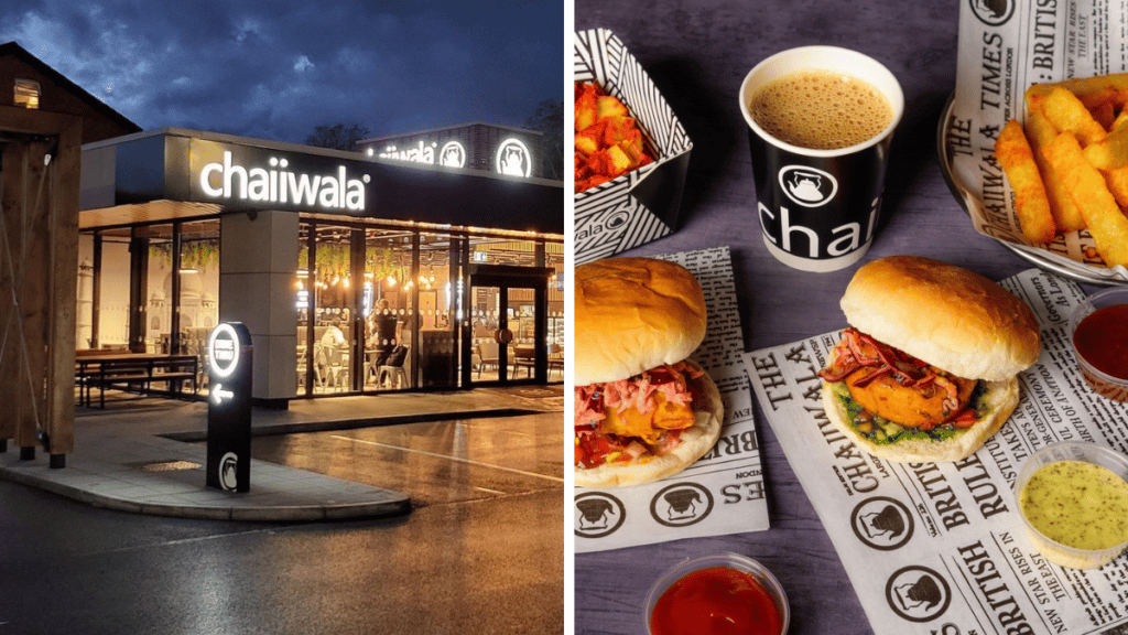 chaiiwala-drive-thru-bolton-manchester-at-night-and-selection-of-burgers-with-chips-dips-and-cup-of-chai-tea