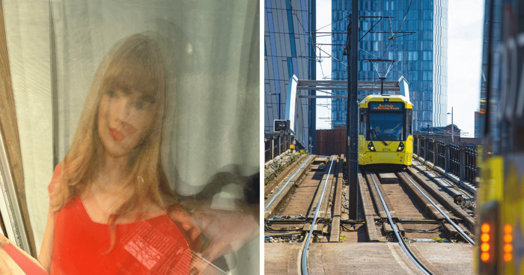 taylor-swift-carboard-cut-out-in-manchester-flat-window-tram-on-track