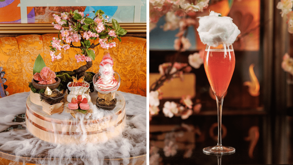 the-ivy-asia-spinningfields-cherry-blossom-dessert-platter-and-cocktail-with-candyfloss-on-top-part-of-blossom-nights-series