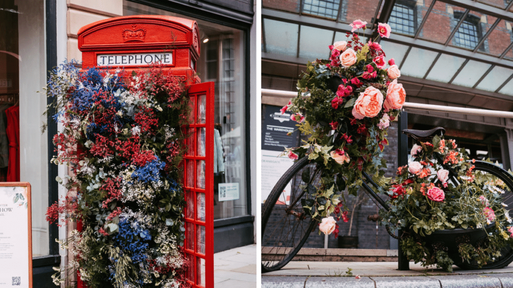 telephone-box-filled-with-flowers-bicycle-outside-great-northern-warehouse-manchester-flower-festival