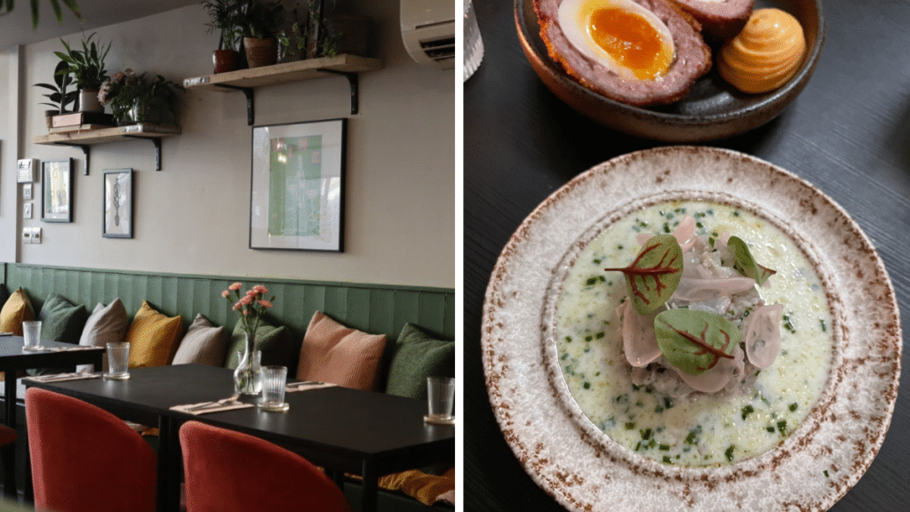 colleens-ramsbottom-interior-benches-with-cushions-on-cured-seabass-dish-with-buttermilk-and-herbs-with-scotch-egg-in-background
