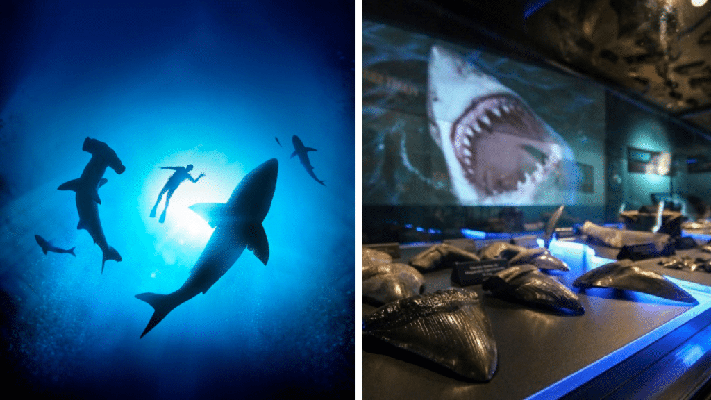divers-and-sharks-in-ocean-shark-fossils-at-planet-shark-chester-zoo-exhibition