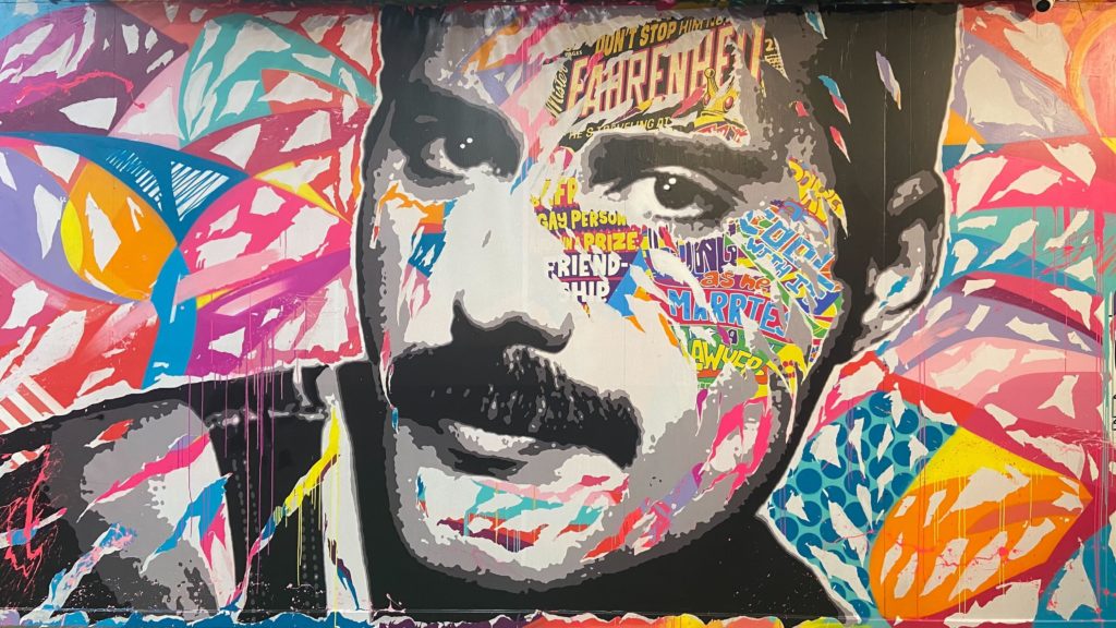 Street art image of Freddie Mercury by artist Jo Di Bona at Colors Festival in Manchester