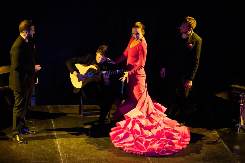 a solo flamenco performer dancing on stage