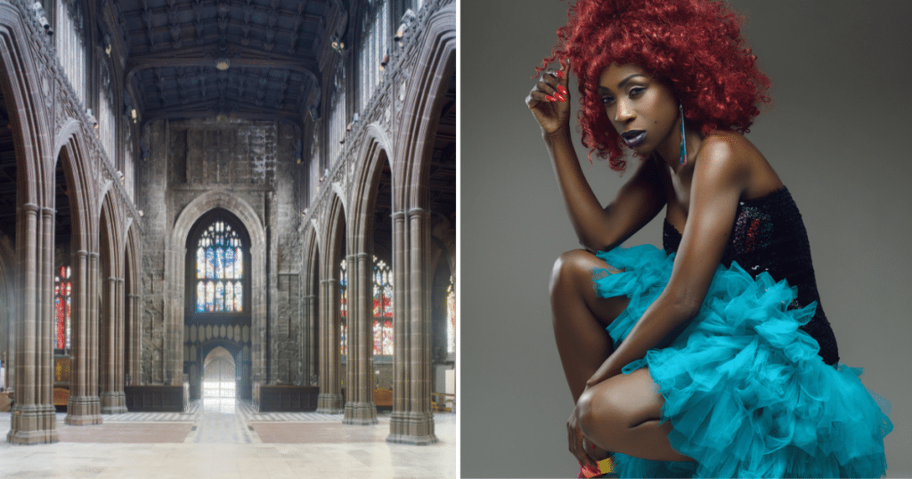 split image of Manchester Cathedral and singer Heather Small