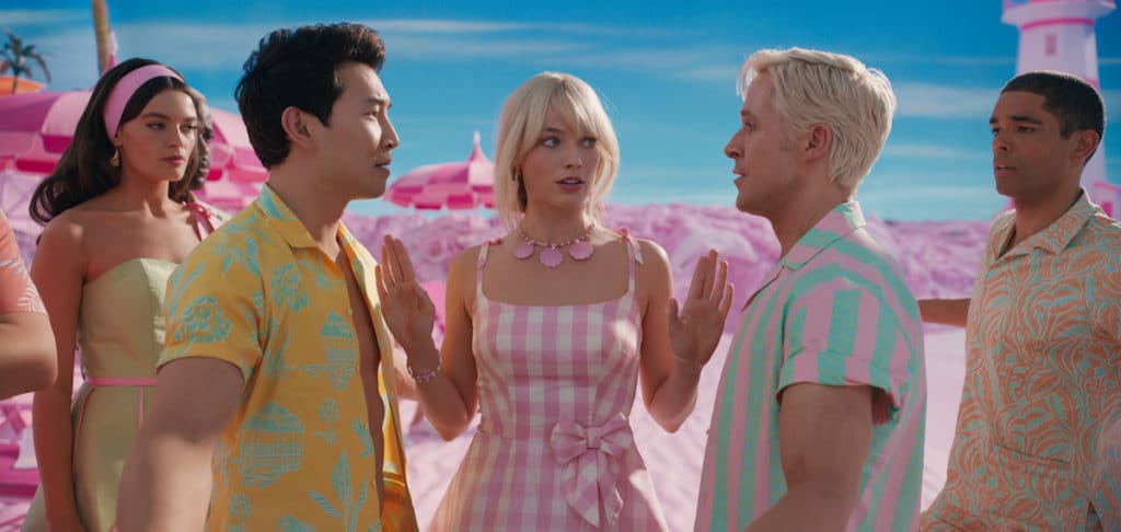 Barbie breaks up a fight between Ryan Gosling's Ken and Simu Liu's Ken