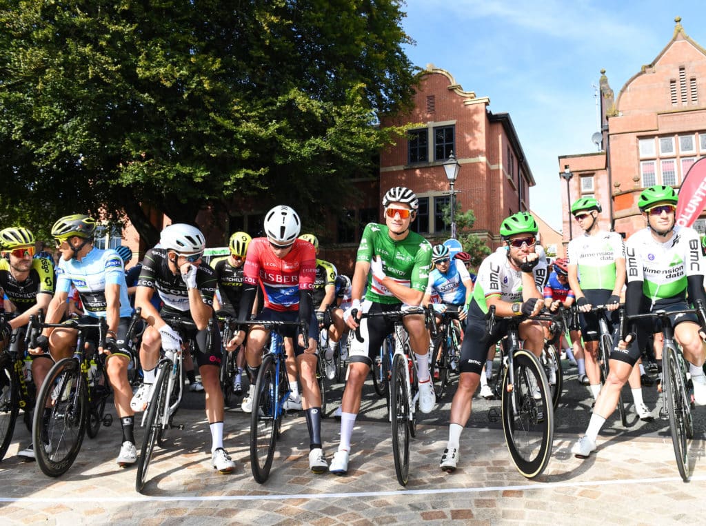 Riders on the Tour of Britain startline in Altrincham in 2019 