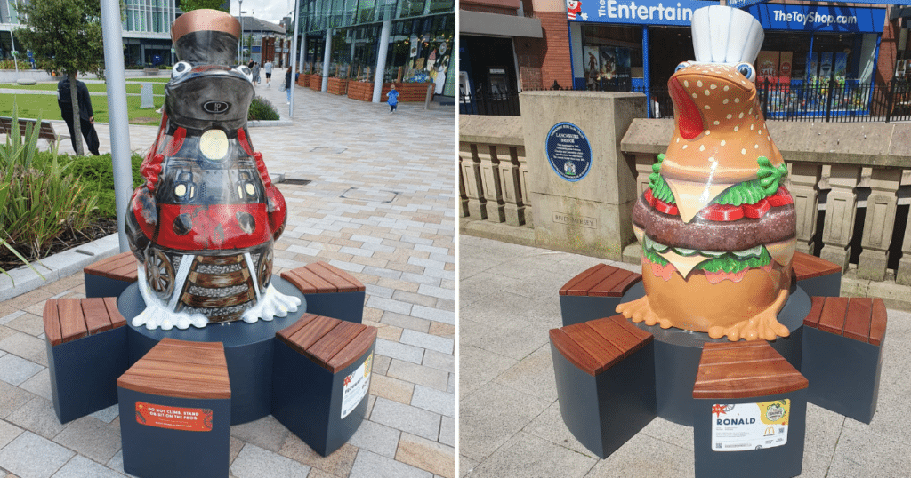 frog-sculptures-on-stockport-art-trail-including-train-and-burger-themed-designs