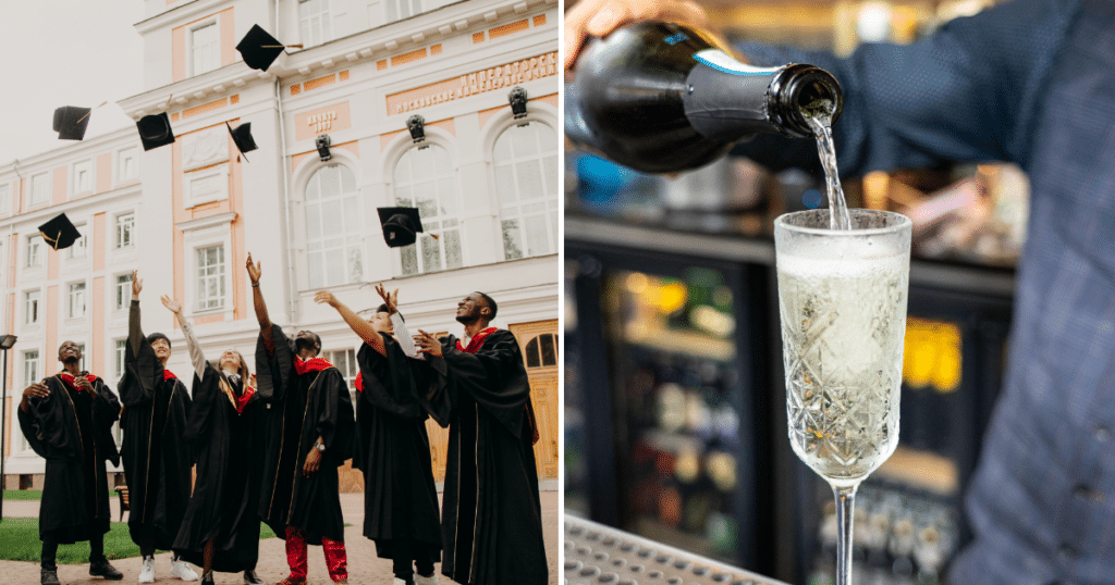 graduation-caps-gowns-champagne-glass-celebrate-manchester