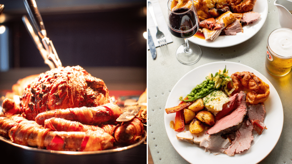 roast-pork-with-giant-pigs-in-blankets-at-freight-island-carvery-two-roast-dinner-plates-one-with-glass-of-red-wine-the-other-with-pint-of-beer