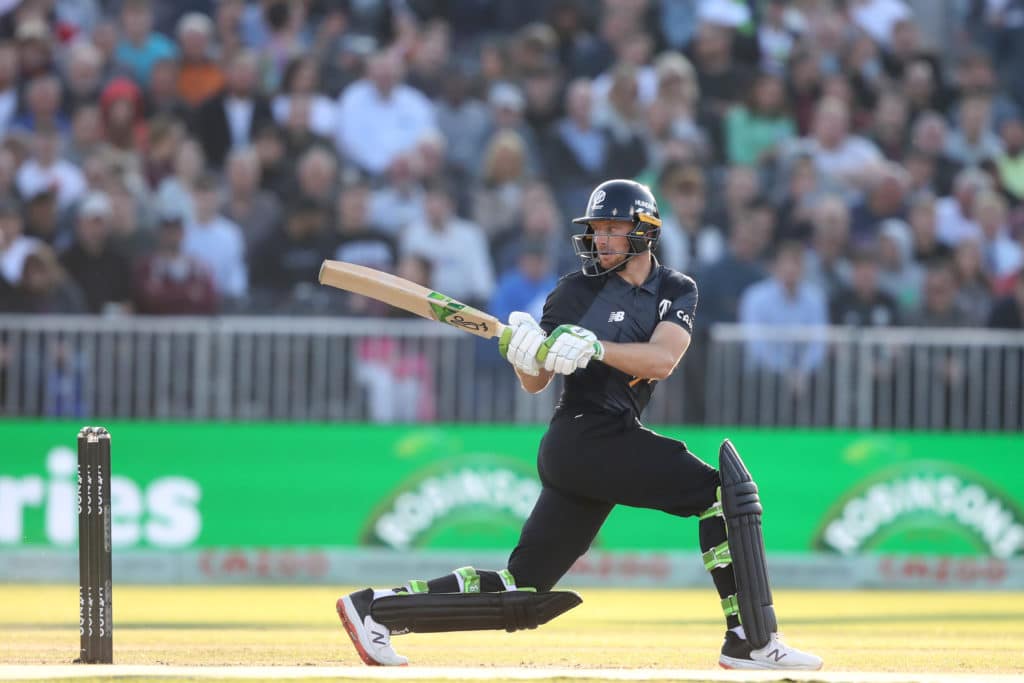 MANCHESTER, ENGLAND - AUGUST 05: Jos Buttler of Manchester Originals bats during The Hundred match between Manchester Originals Men and Northern Superchargers Men at Emirates Old Trafford on August 05, 2022 in Manchester, England.