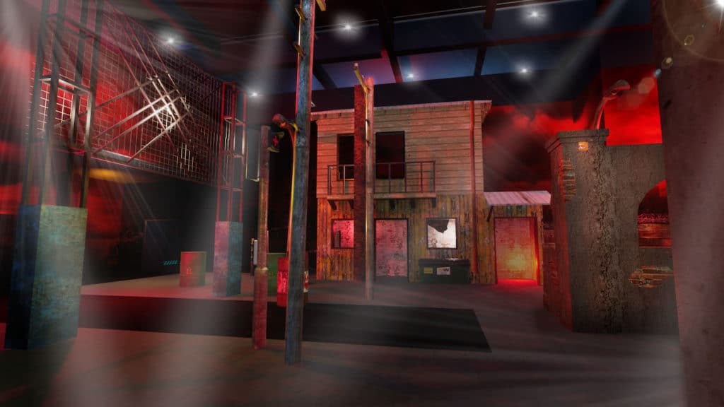a render of the obstacle-filled rooms at NERF Action Xperience