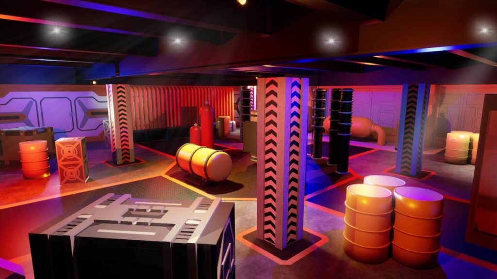 a render of the obstacle-filled rooms at NERF Action Xperience