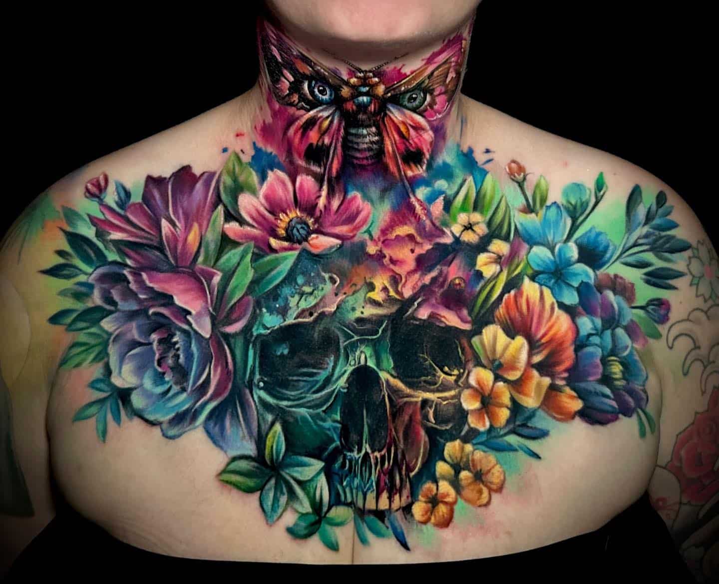 colourful-chest-tattoo-skull-flowers-last-supper-studio