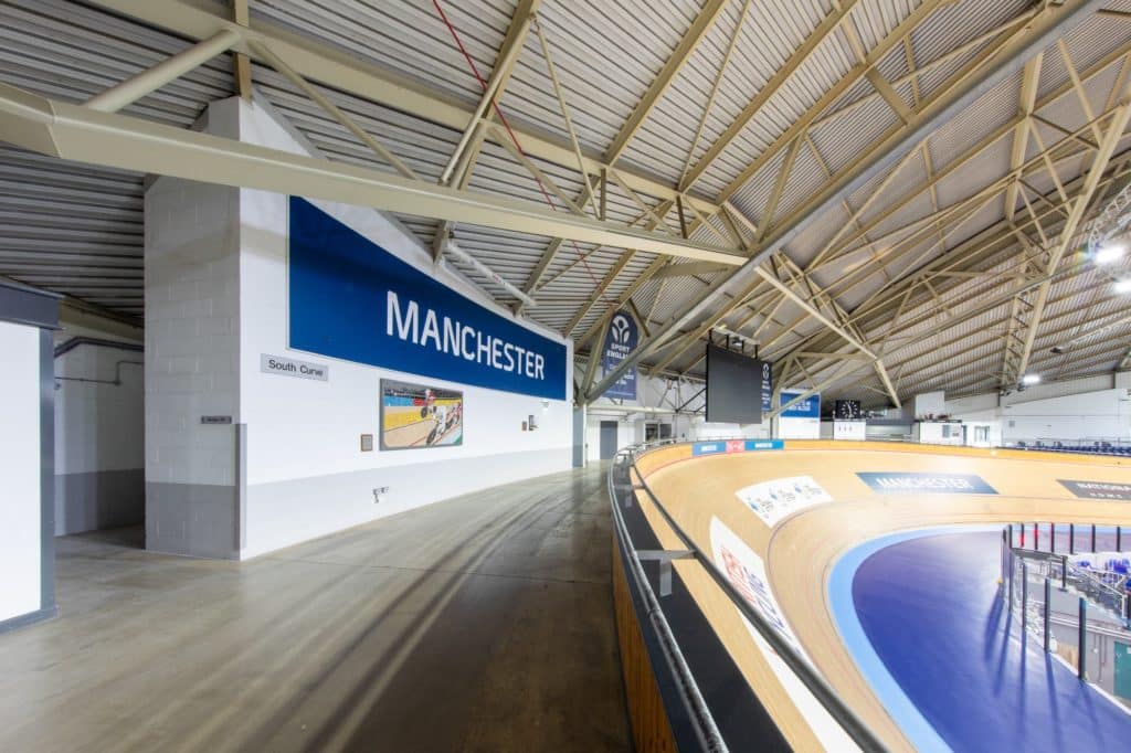 corner-seating-at-national-cycling-centre-with-manchester-sign