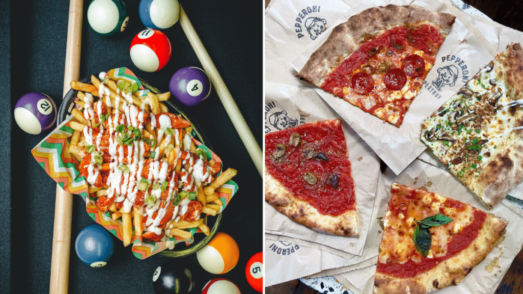 loaded-fries-at-black-dog-ballroom-on-pool-table-selection-of-pizza-slices-by-pepperoni-playboy-late-night-food-manchester