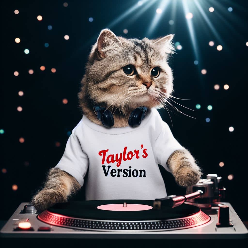 an AI generated image of a cat on DJ decks, wearing a top that says "Taylor's version" in reference to the Taylor Swift song