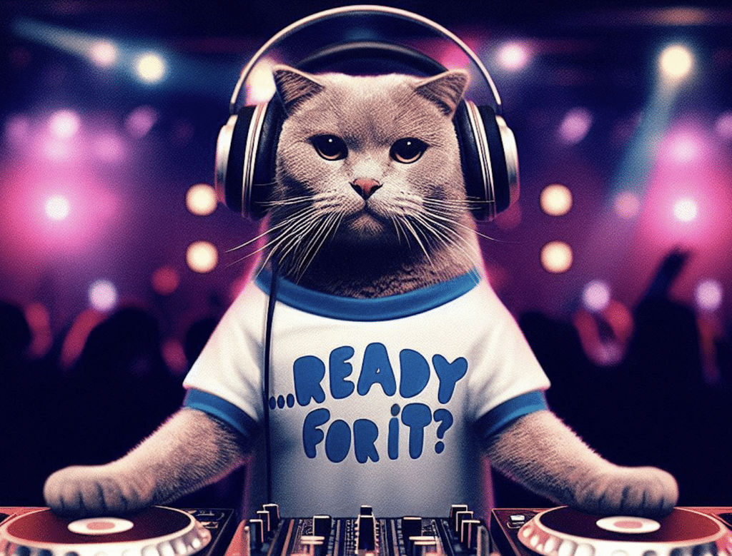 an AI generated image of a cat on DJ decks, wearing a top that says 